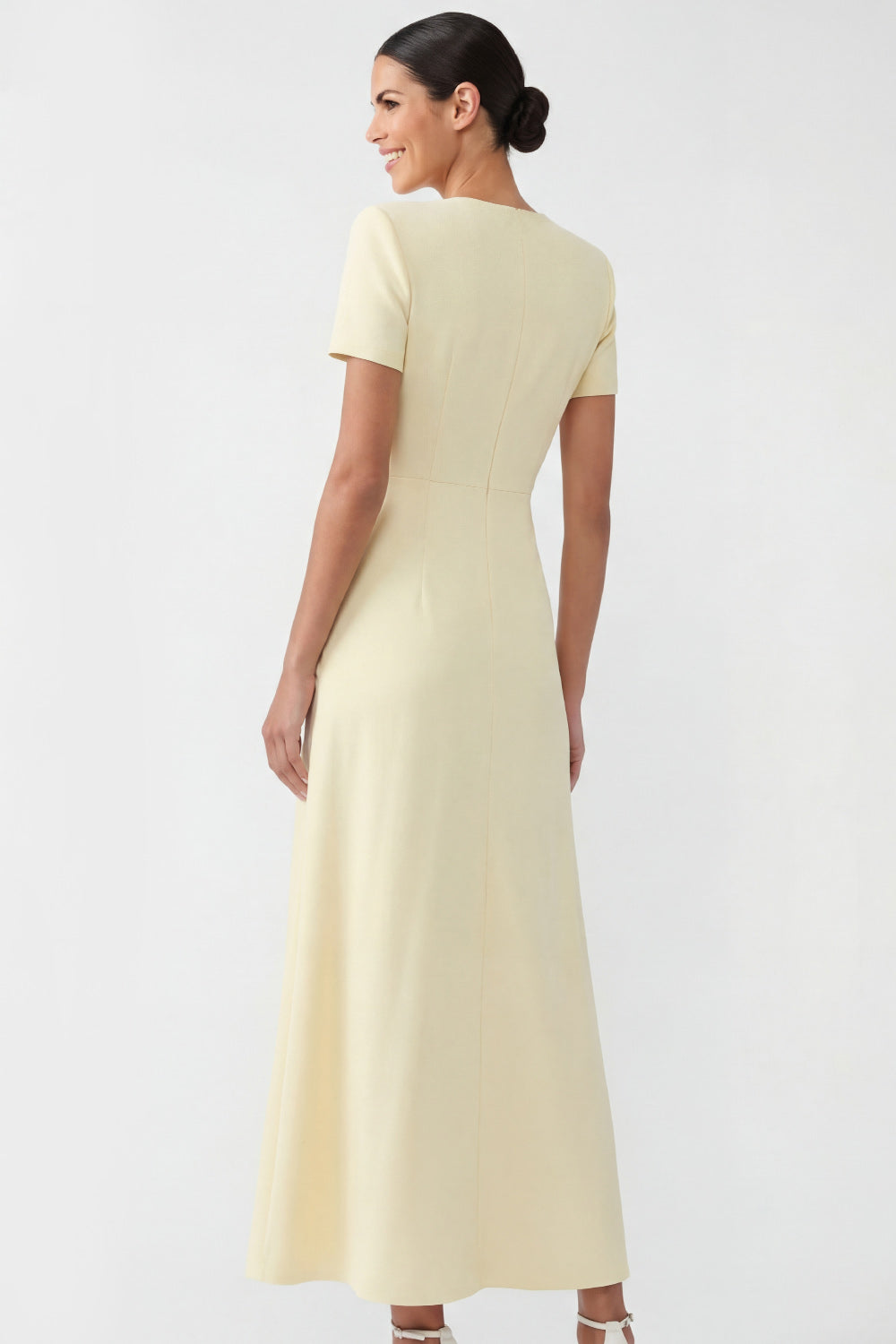 Light Yellow Short Sleeves Ruched Long Formal Dress