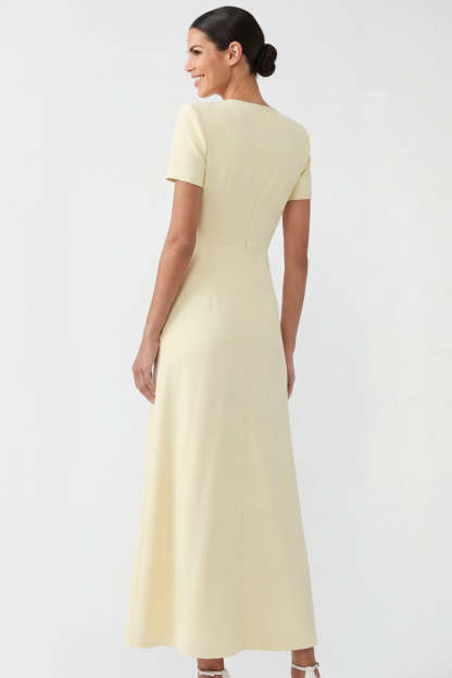 Light Yellow Short Sleeves Ruched Long Formal Dress