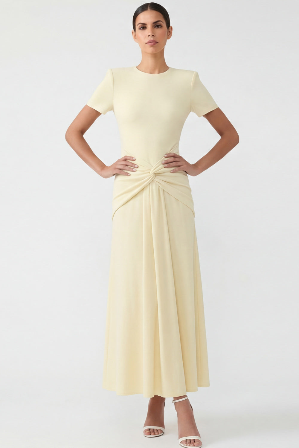 Light Yellow Short Sleeves Ruched Long Formal Dress