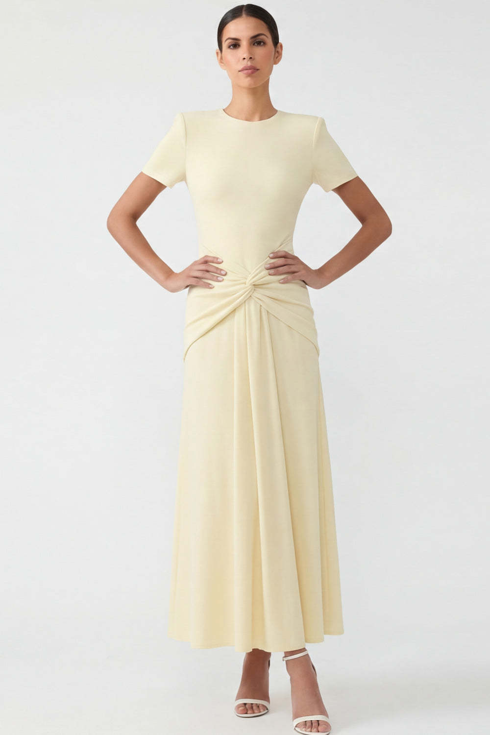 Light Yellow Short Sleeves Ruched Long Formal Dress