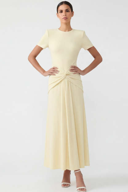 Light Yellow Short Sleeves Ruched Long Formal Dress