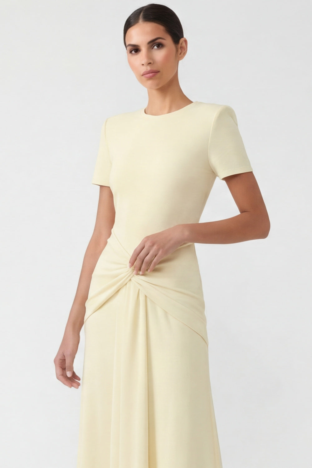 Light Yellow Short Sleeves Ruched Long Formal Dress