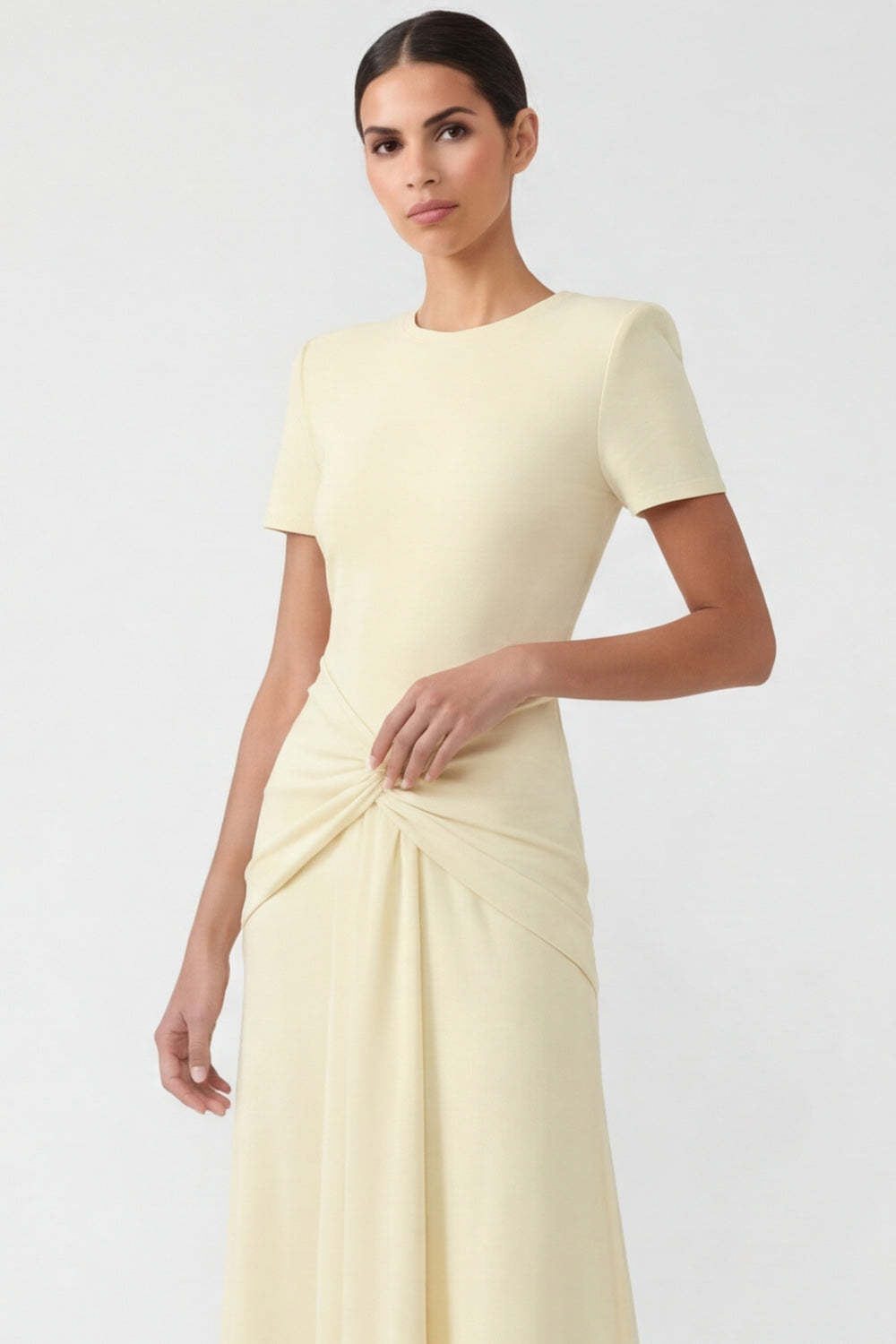 Light Yellow Short Sleeves Ruched Long Formal Dress
