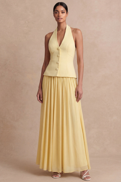 Leely Women Light Yellow Maxi Halter 2 Piece Bridesmadi Dress A-Line Sleeveless Wedding Guest Dress with Buttons