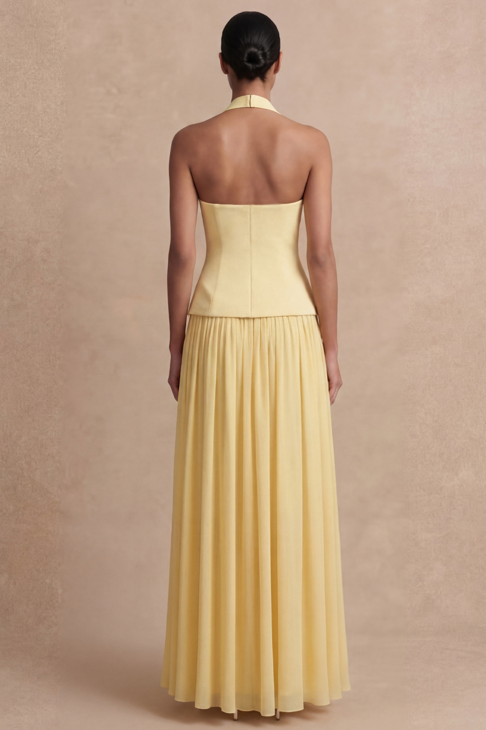 Halter Light Yellow A Line Maxi 2 Piece Bridesmaid Dress