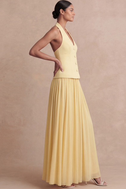 Halter Light Yellow A Line Maxi 2 Piece Bridesmaid Dress
