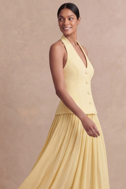 Halter Light Yellow A Line Maxi 2 Piece Bridesmaid Dress