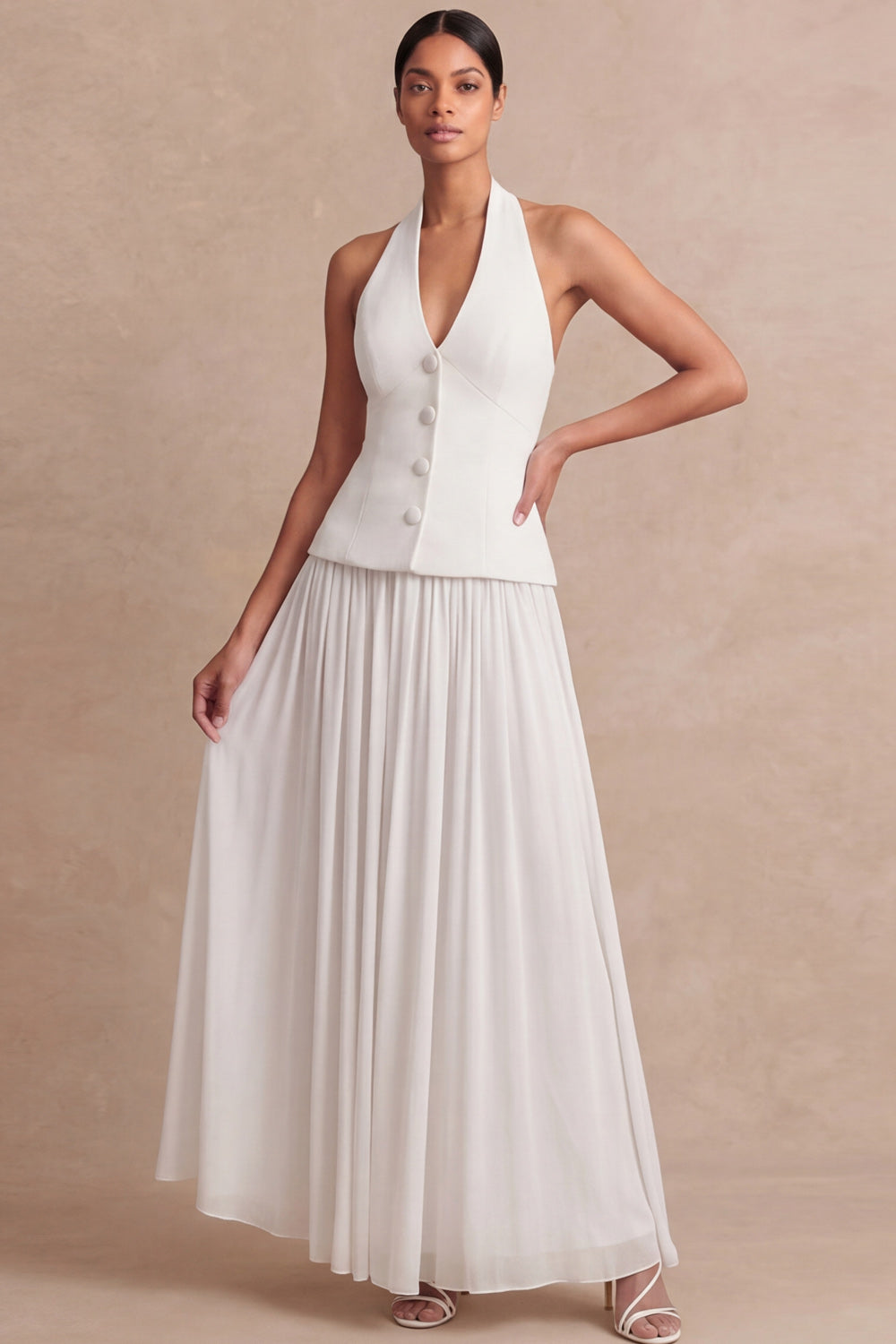 Halter Light Yellow A Line Maxi 2 Piece Bridesmaid Dress