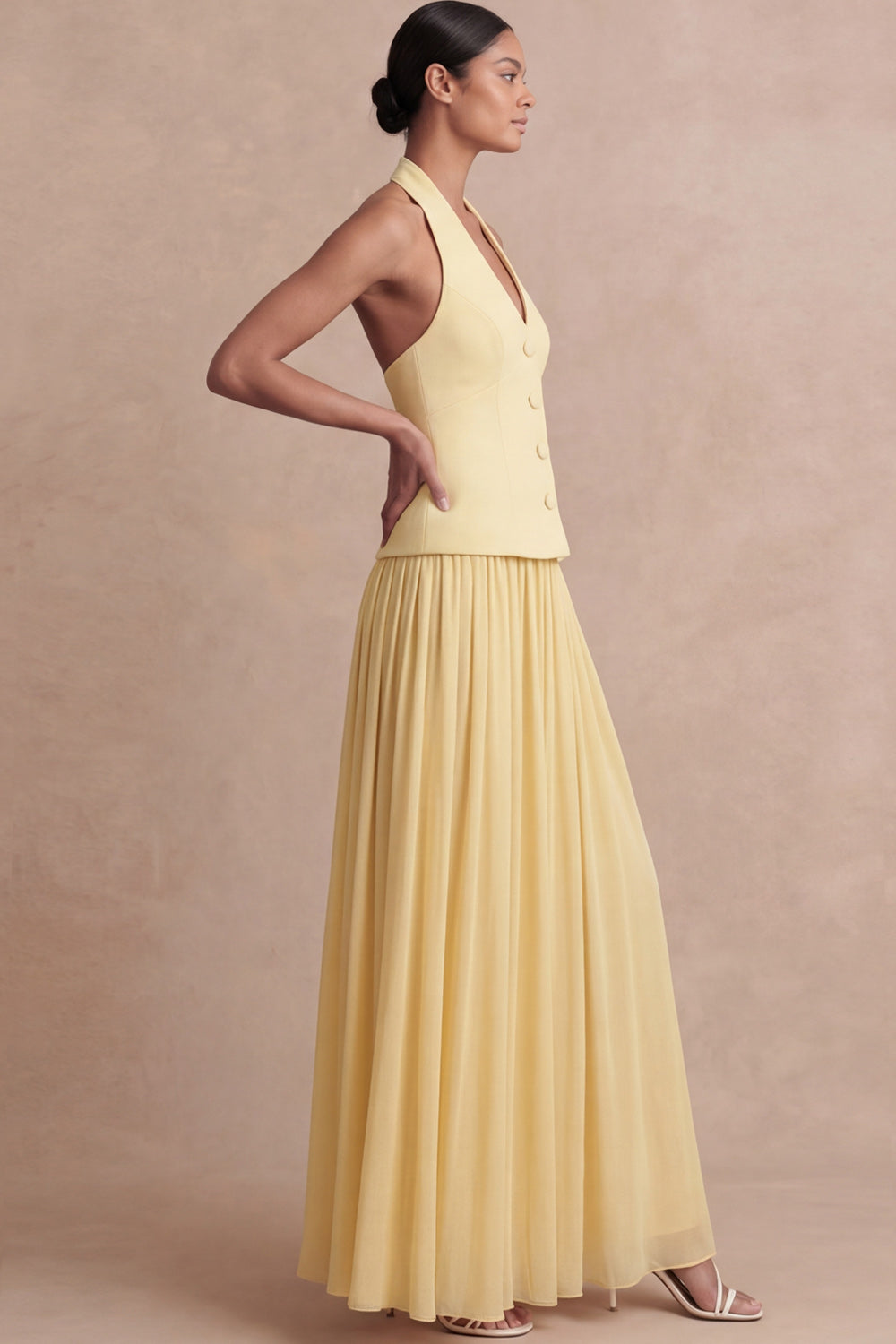 Halter Light Yellow A Line Maxi 2 Piece Bridesmaid Dress