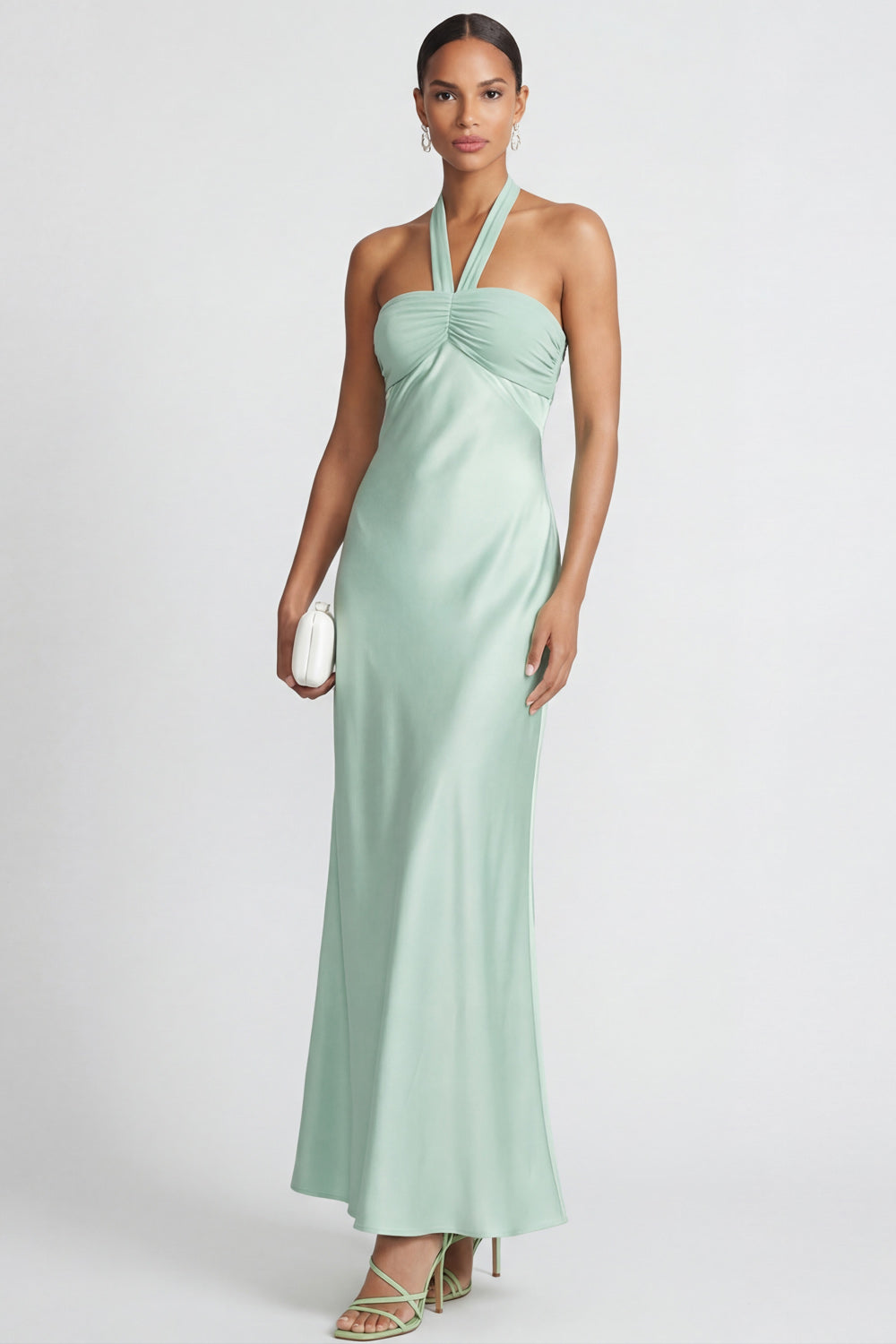 Leely Women Mint Green Maxi Halter Bridesmadi Dress Satin Meraid Backless Sleeveless Wedding Guest Dress