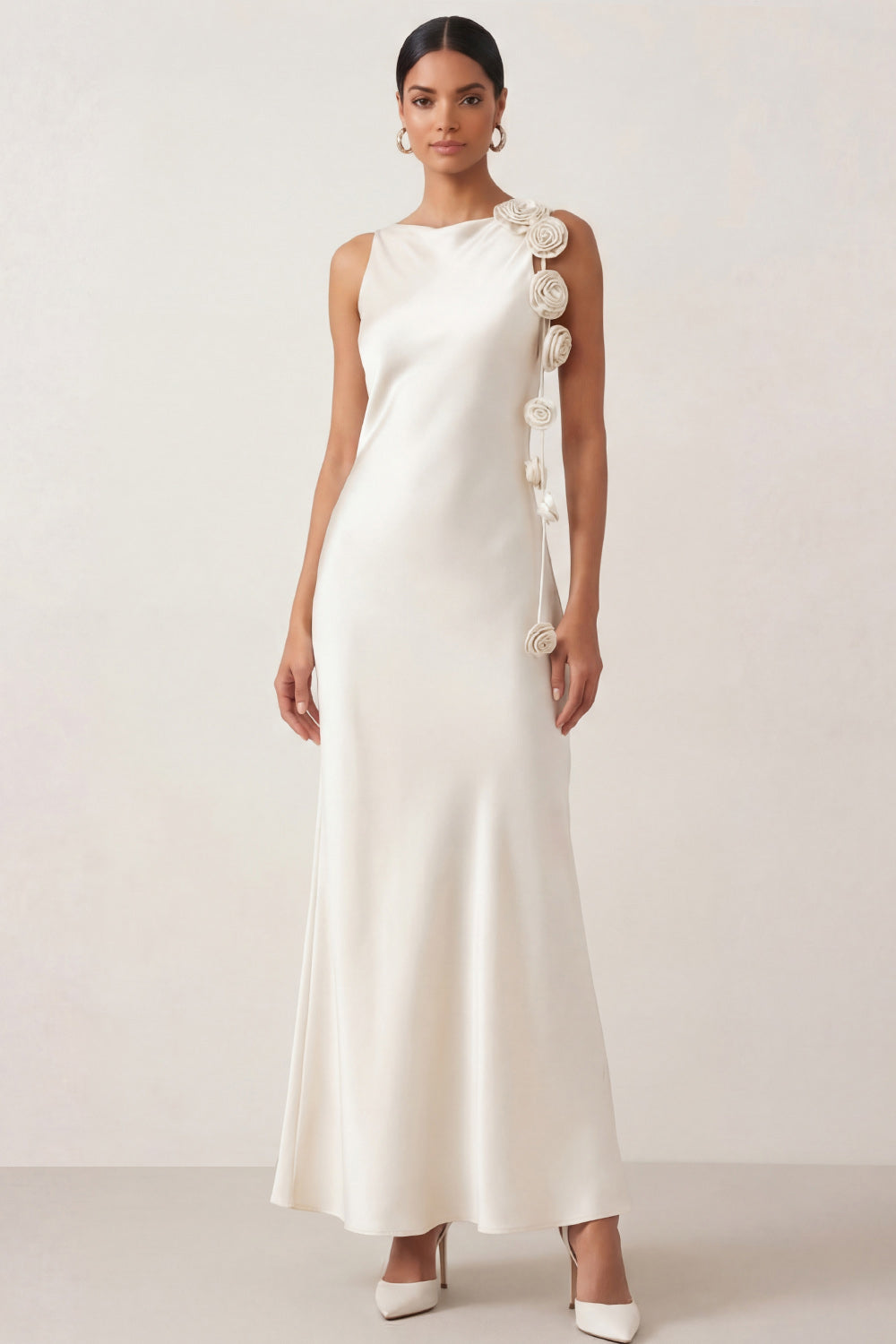 Leely Women Satin Maxi White Bridesmadi Dress with 3D Flowers Meraid Cowl Neck Sleeveless Wedding Guest Dress
