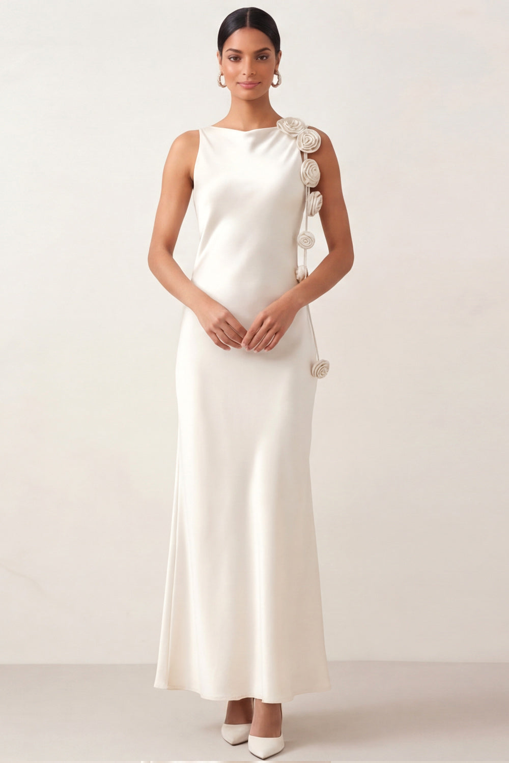 White Satin Maxi Mermaid Backless Bridesmaid Dress with 3D Flowers