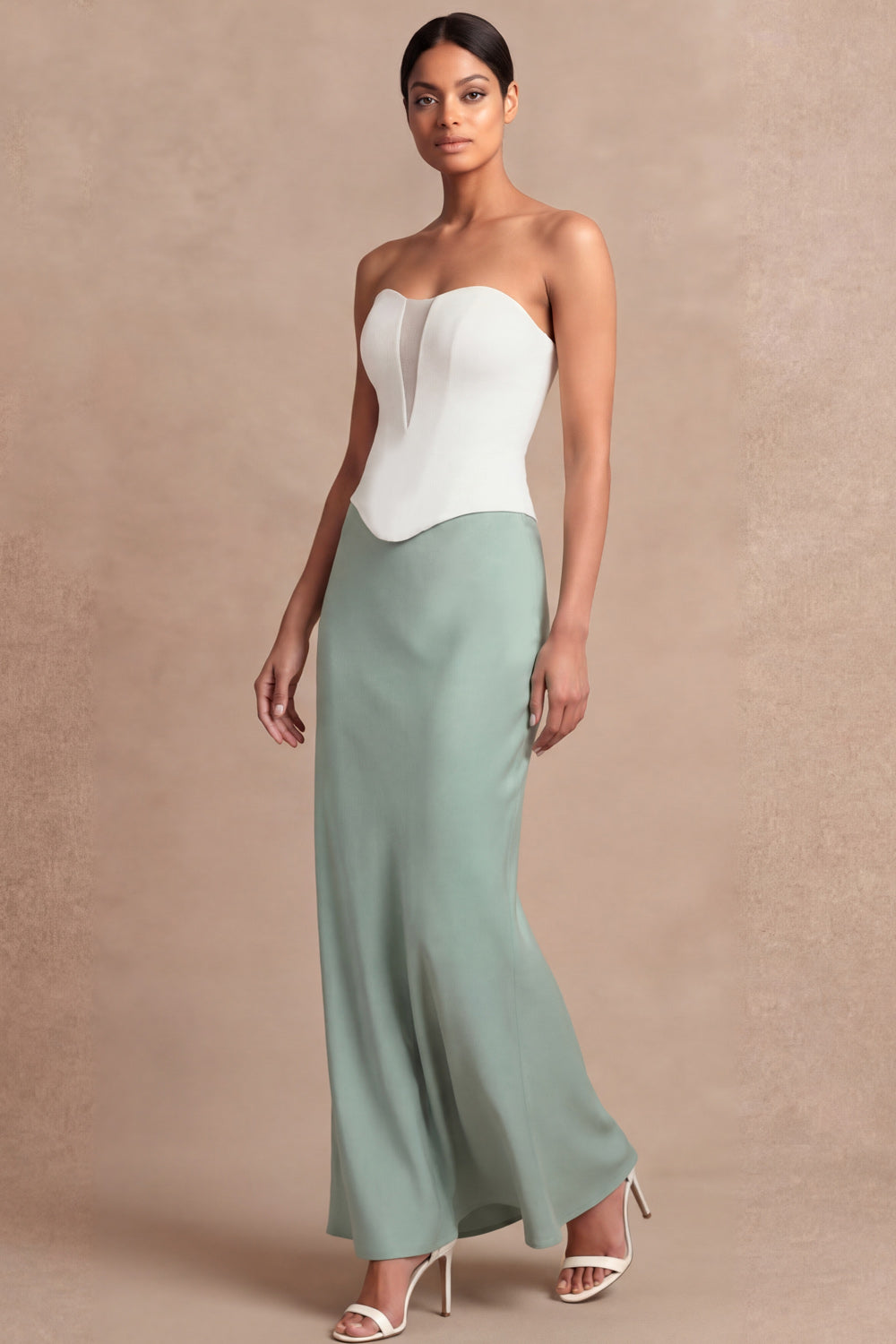Dusty Sage Sheath Sweetheart Basque Waist Long Bridesmaid Dress