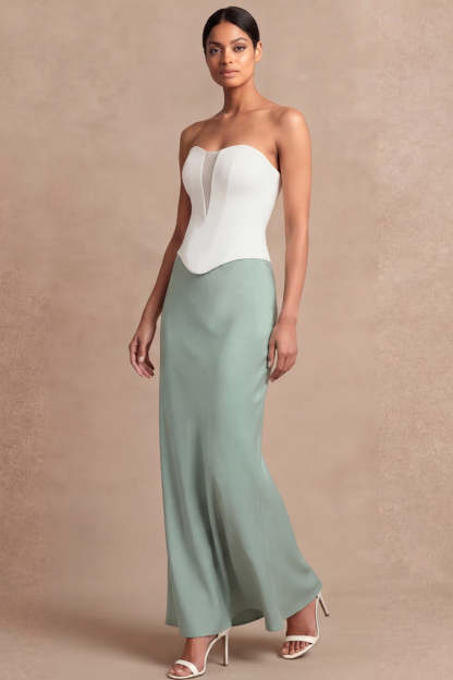 Leely Women Dusty Sage Sheath Long Bridesmaid Dress Sweetheart Basque Waist Sleeveless Wedding Guest Dress