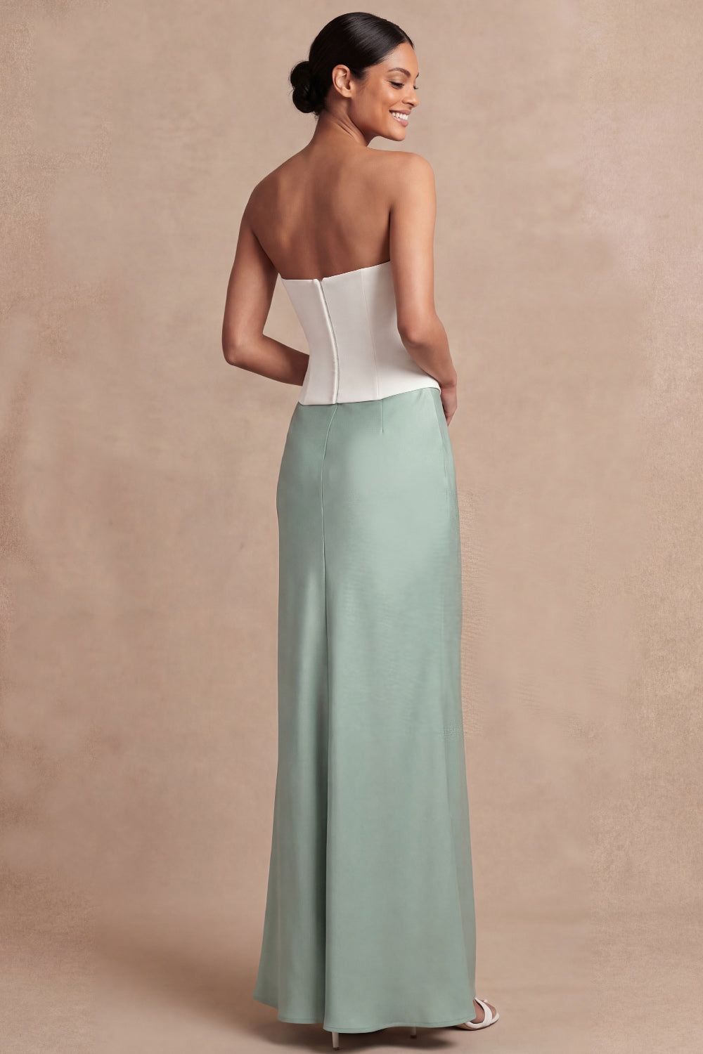 Dusty Sage Sheath Sweetheart Basque Waist Long Bridesmaid Dress