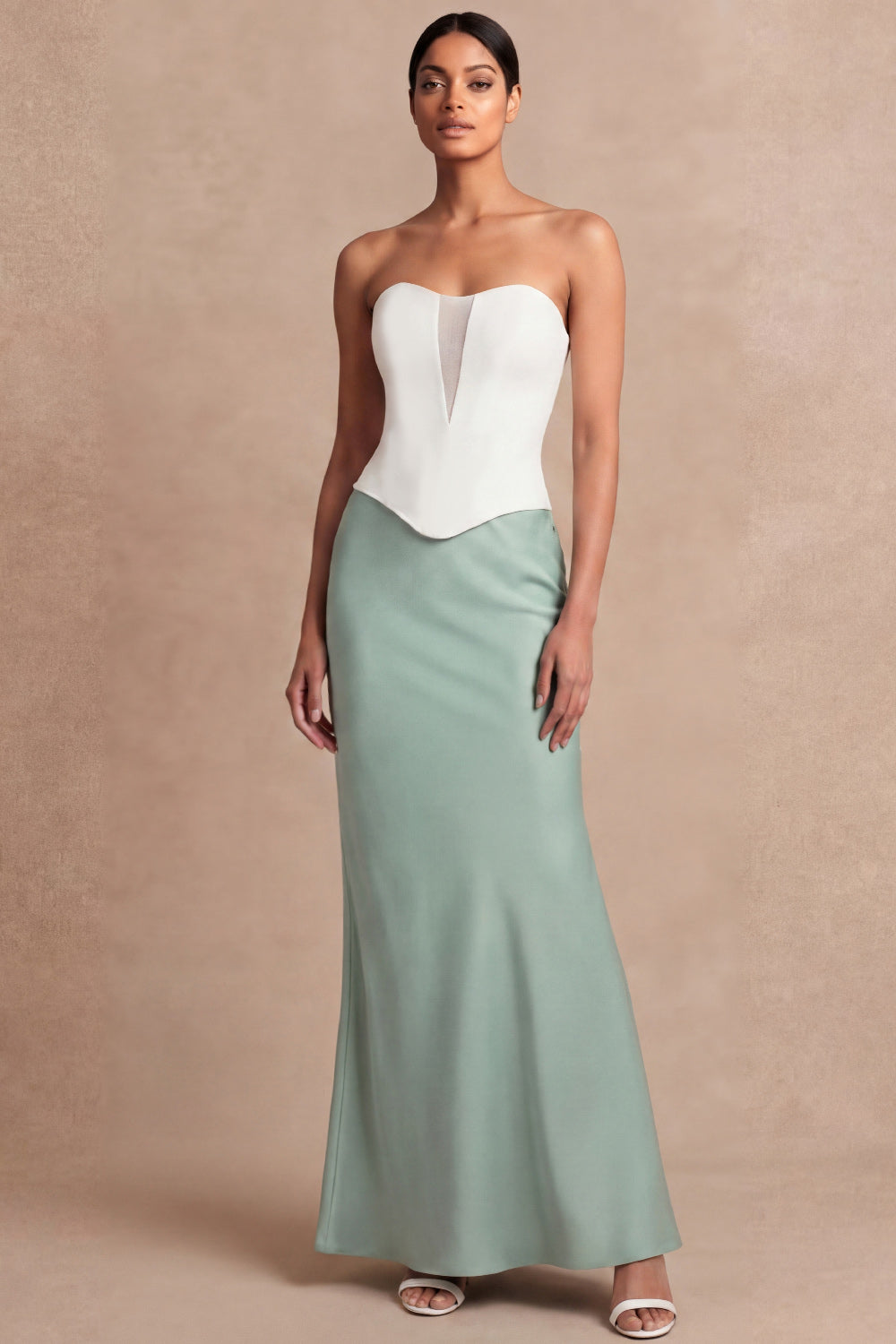 Dusty Sage Sheath Sweetheart Basque Waist Long Bridesmaid Dress