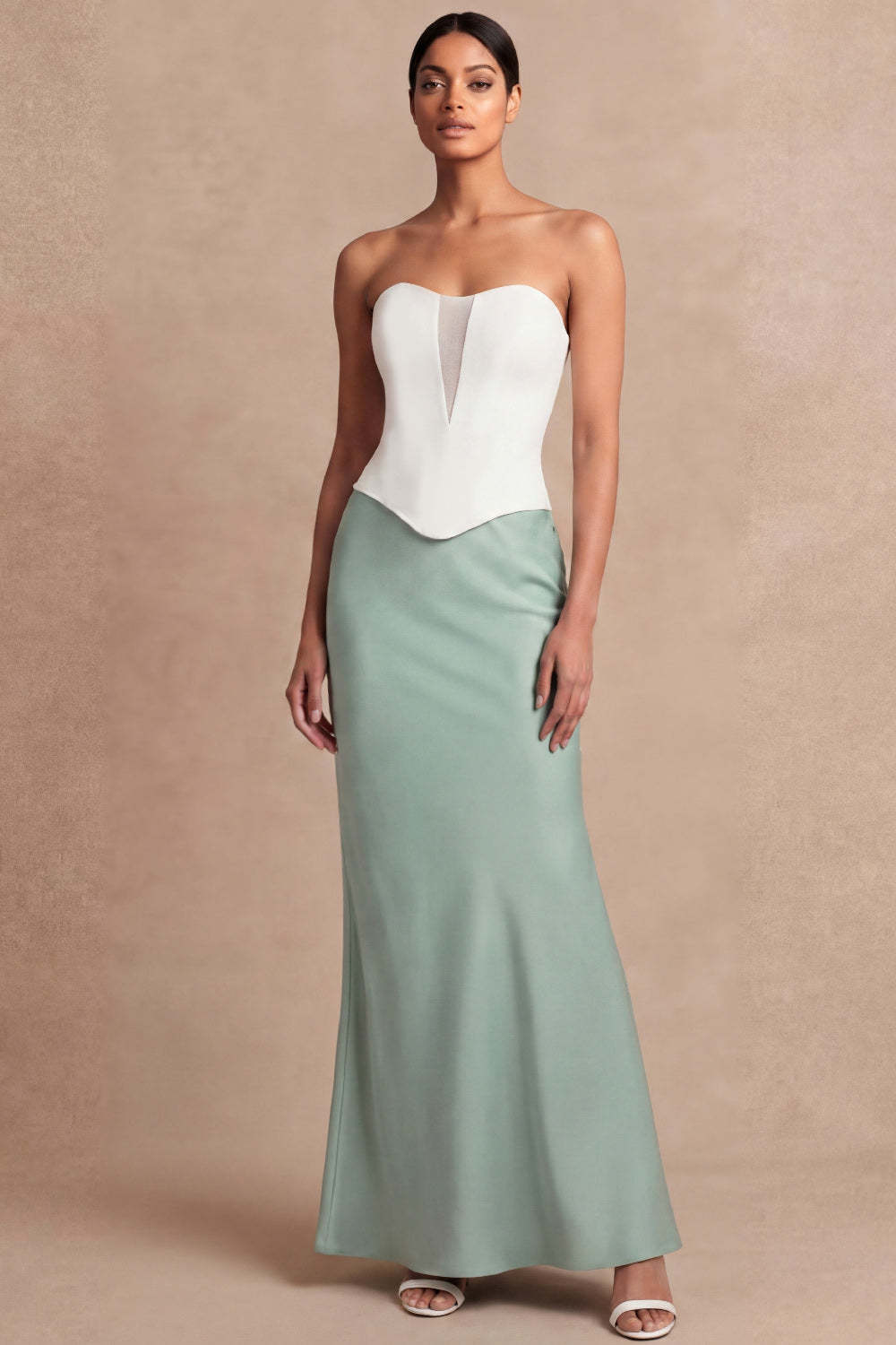 Dusty Sage Sheath Sweetheart Basque Waist Long Bridesmaid Dress