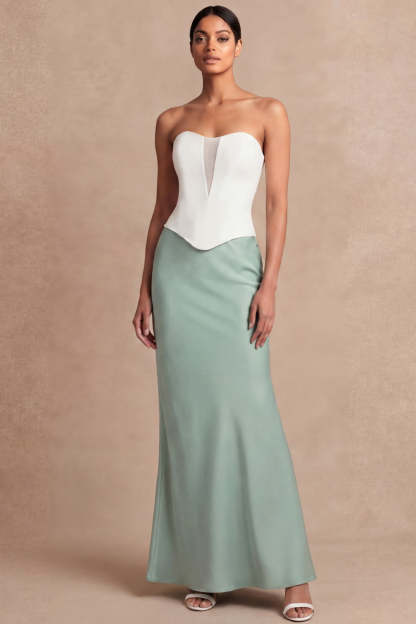 Dusty Sage Sheath Sweetheart Basque Waist Long Bridesmaid Dress