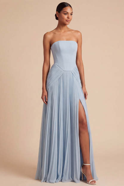 Leely Women Light Blue A Line Long Bridesmaid Dress with Slit Basque Waist Strapless Sleeveless Wedding Guest Dress