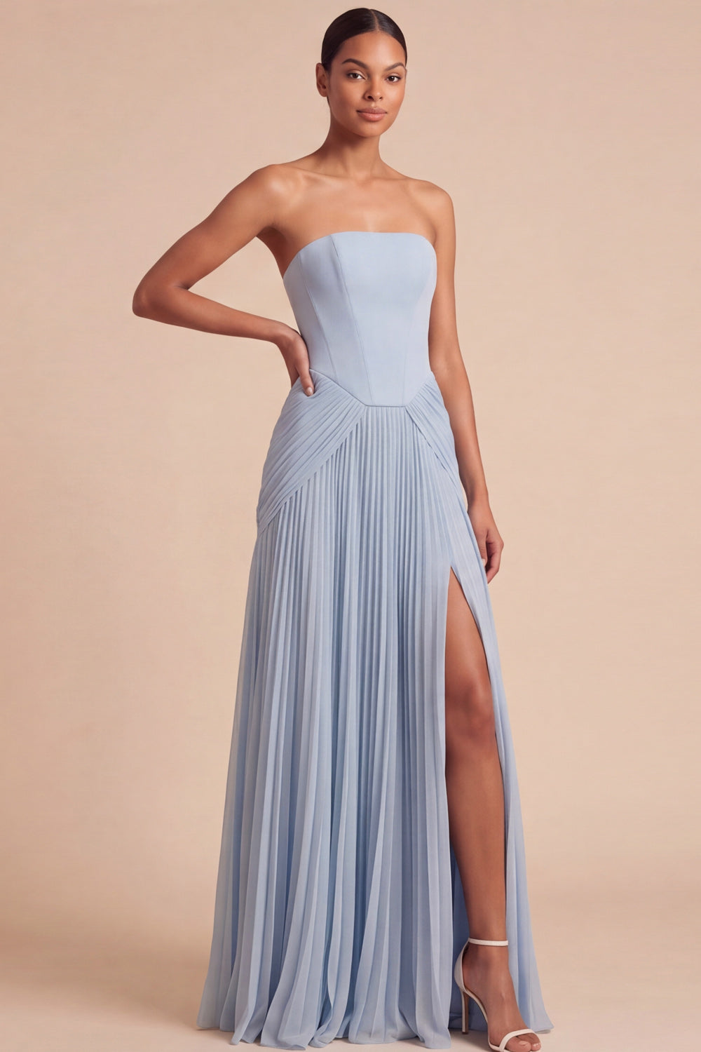 Light Blue Strapless Pleated A Line Long Bridesmaid Dress with Slit