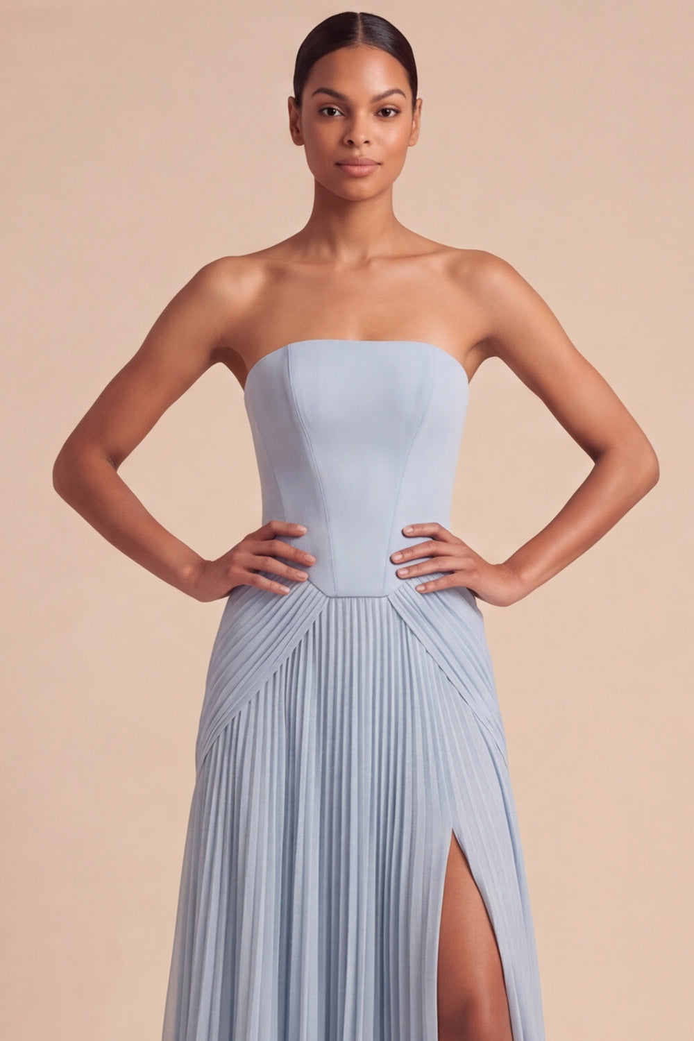Light Blue Strapless Pleated A Line Long Bridesmaid Dress with Slit