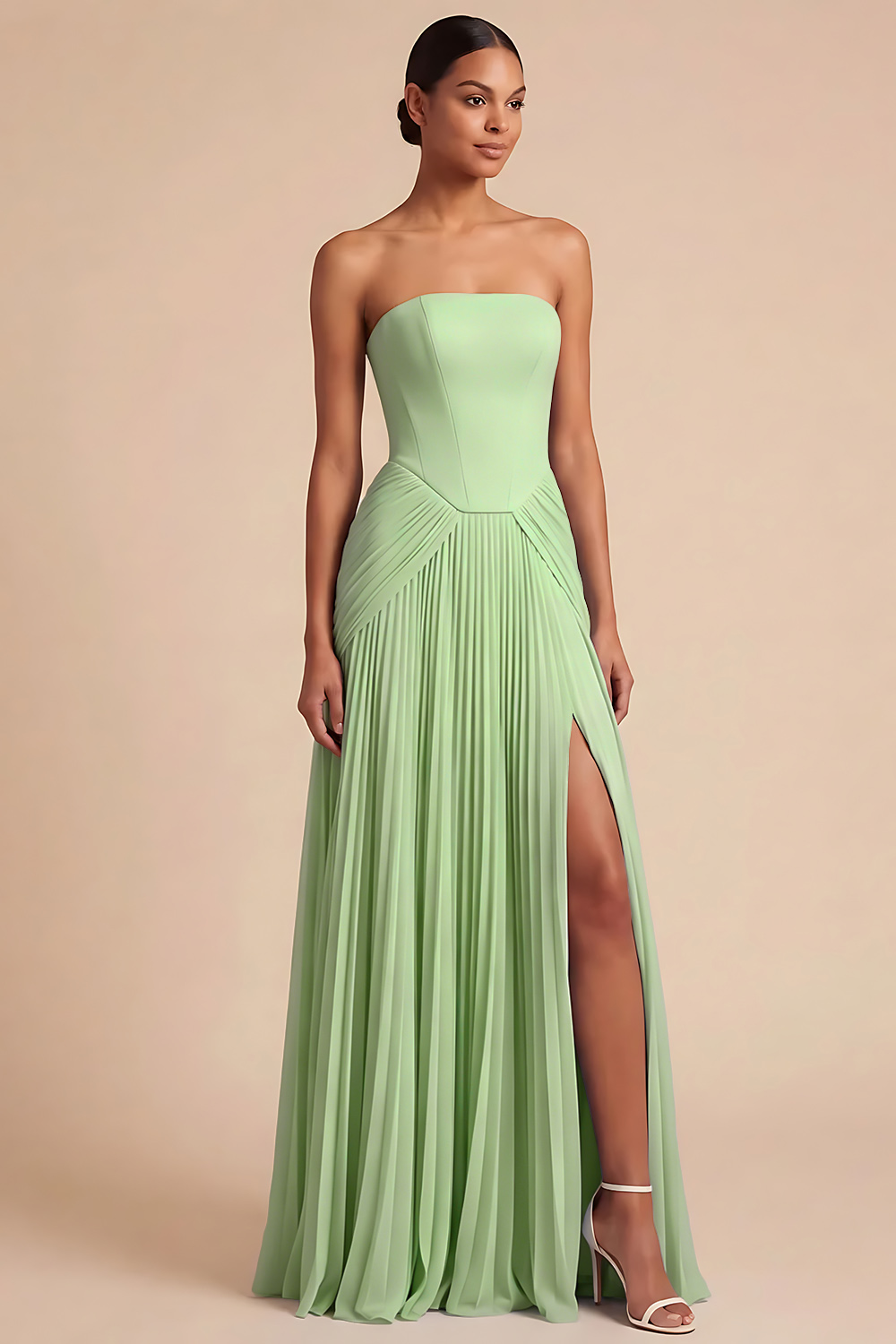Light Blue Strapless Pleated A Line Long Bridesmaid Dress with Slit