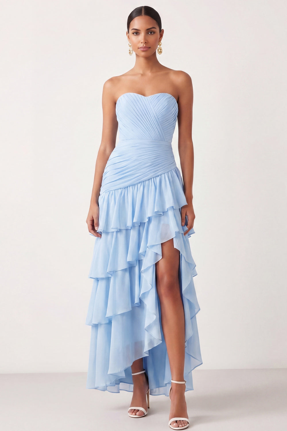 Leely Women Light Blue A Line Tiered Ruffled Long Bridesmaid Dress with Slit Strapless Pleated Sleeveless Wedding Guest Dress