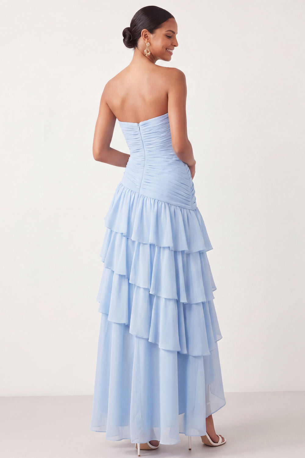 Light Blue A Line Tiered Ruffled Long Bridesmaid Dress with Slit