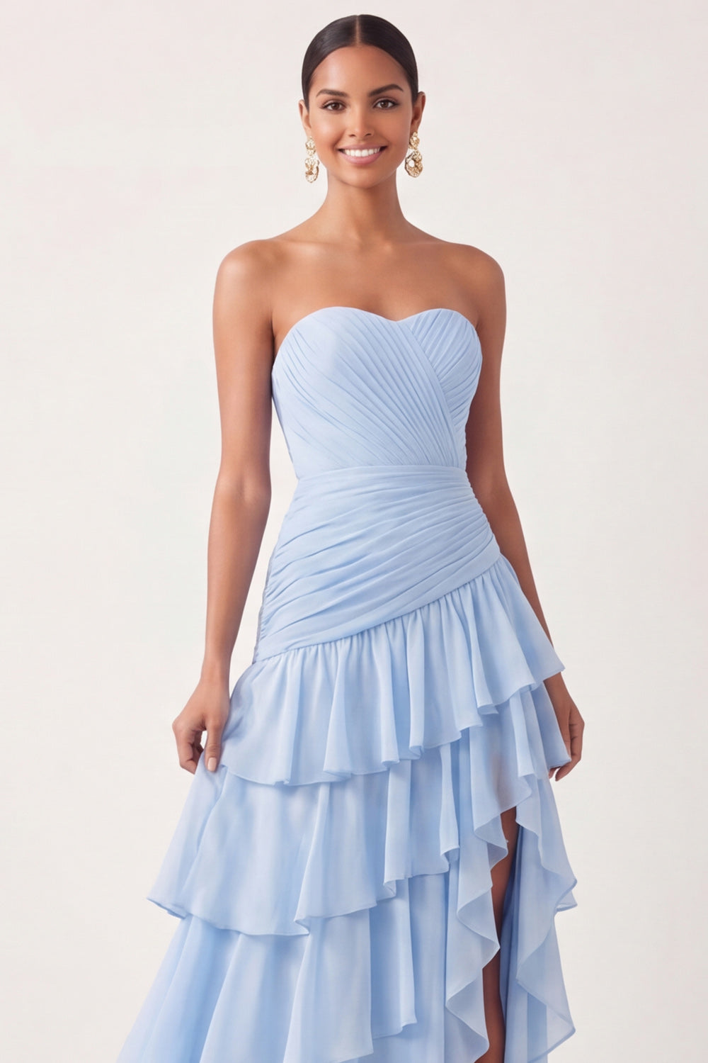 Light Blue A Line Tiered Ruffled Long Bridesmaid Dress with Slit