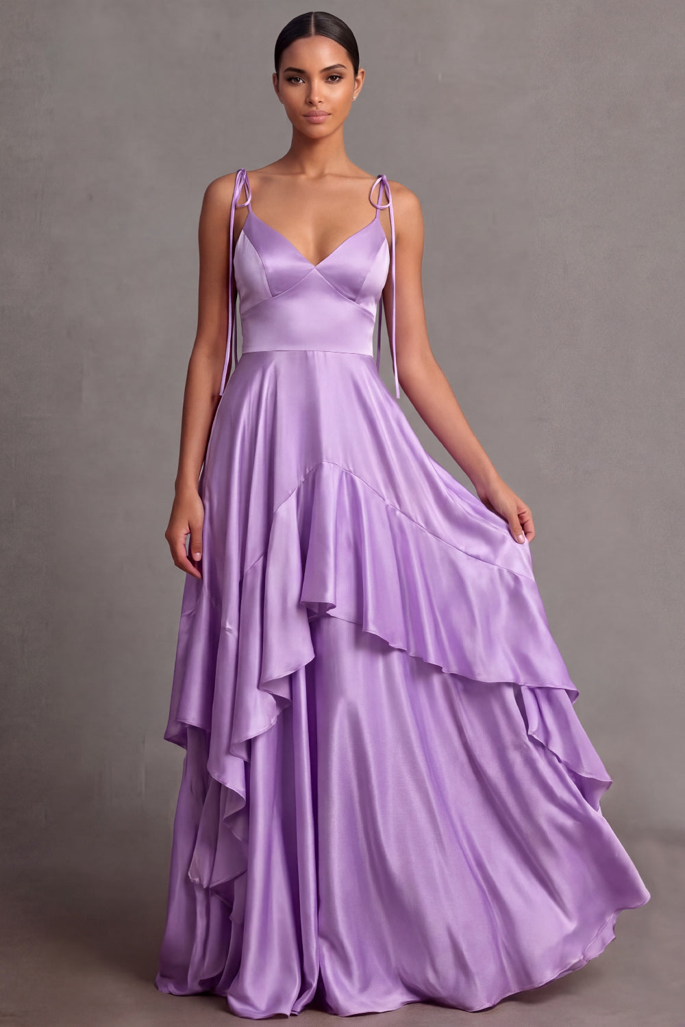 Wisteria Satin A Line Ruffled Long Bridesmaid Dress