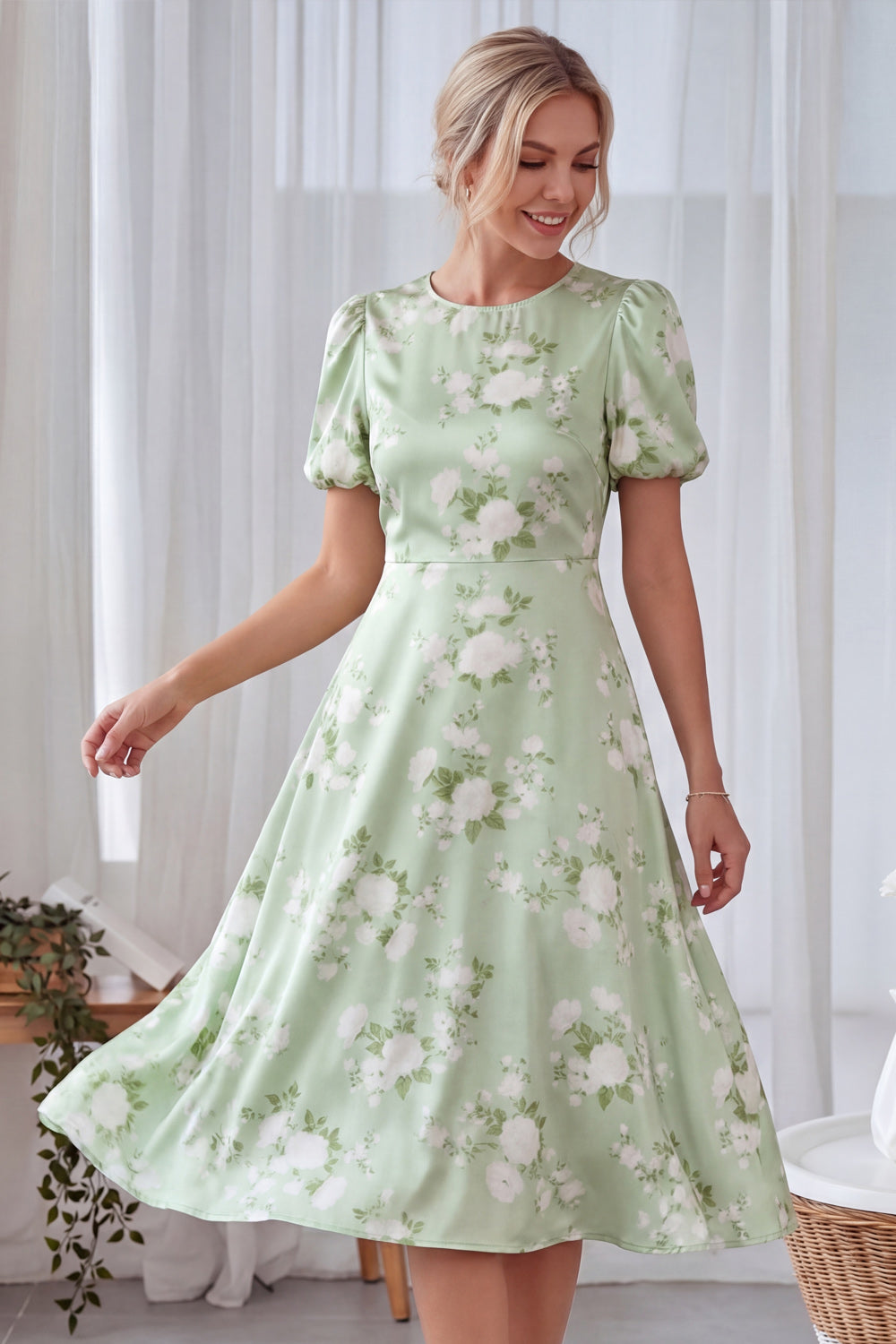 Leely Women Floral A Line Green Midi Bridesmaid Dress Satin Round Neck Puff Sleeves Wedding Guest Dress