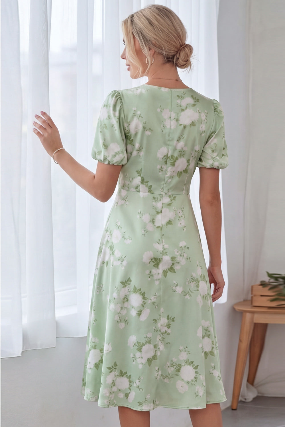 Floral A Line Green Midi Bridesmaid Dress