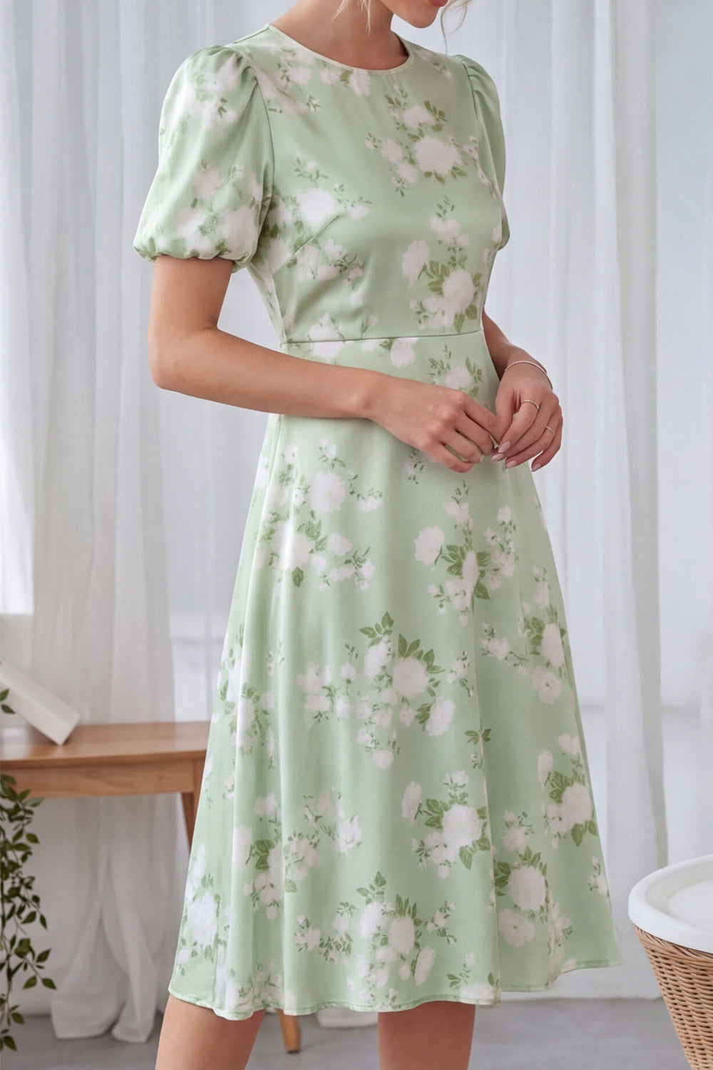 Floral A Line Green Midi Bridesmaid Dress