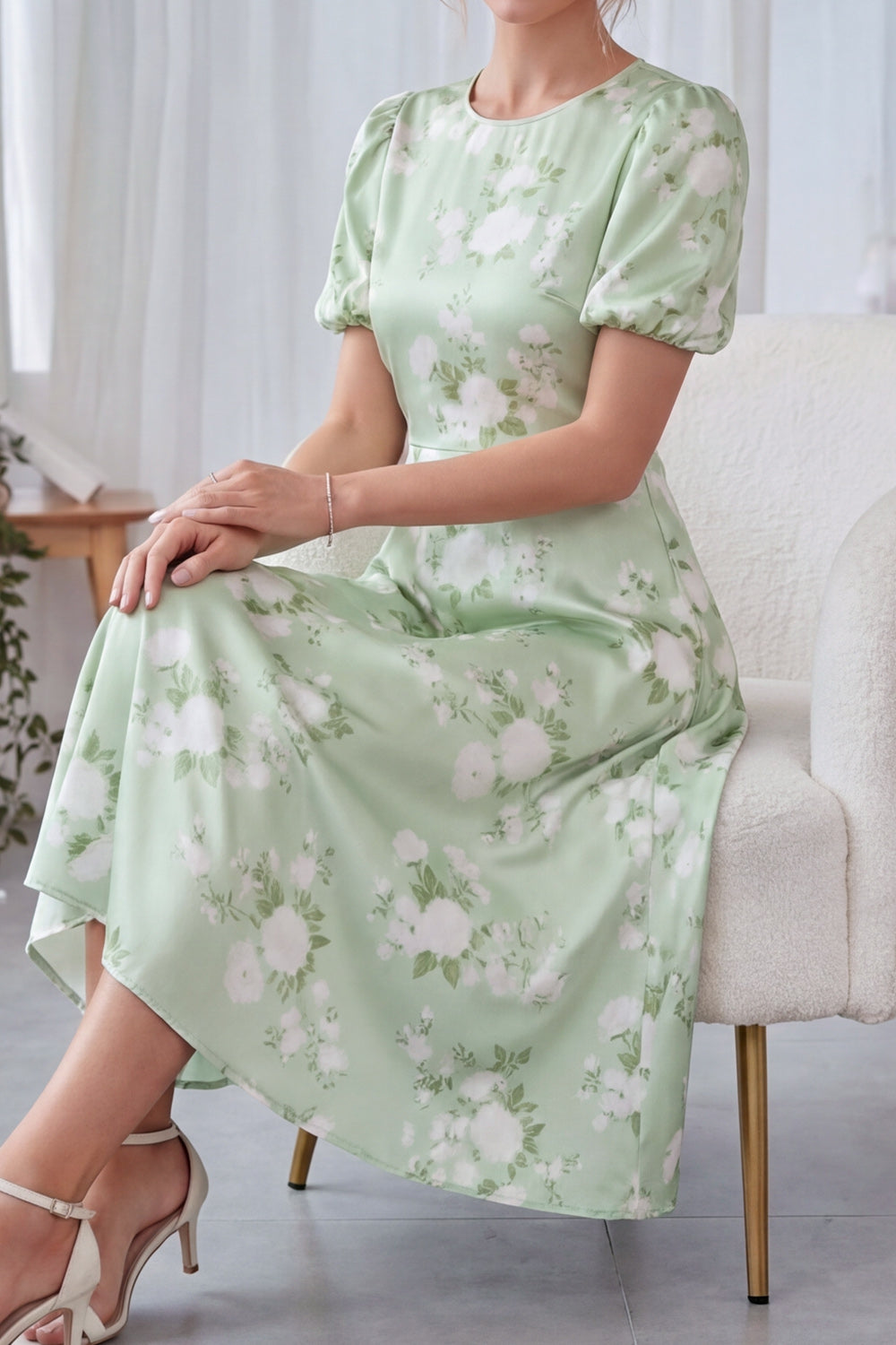 Floral A Line Green Midi Bridesmaid Dress