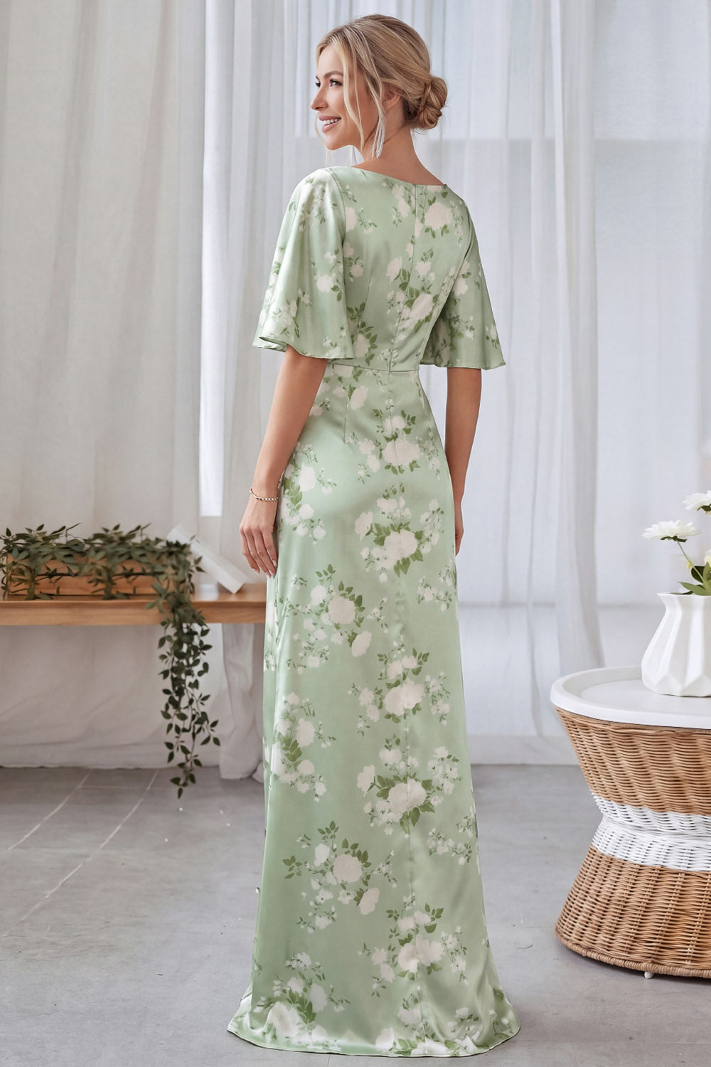 Green Floral Sheath Maxi Ruched Bridesmaid Dress with Sleeves