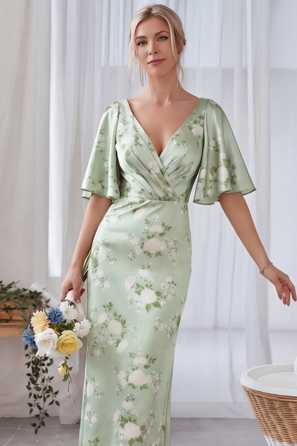 Green Floral Sheath Maxi Ruched Bridesmaid Dress with Sleeves