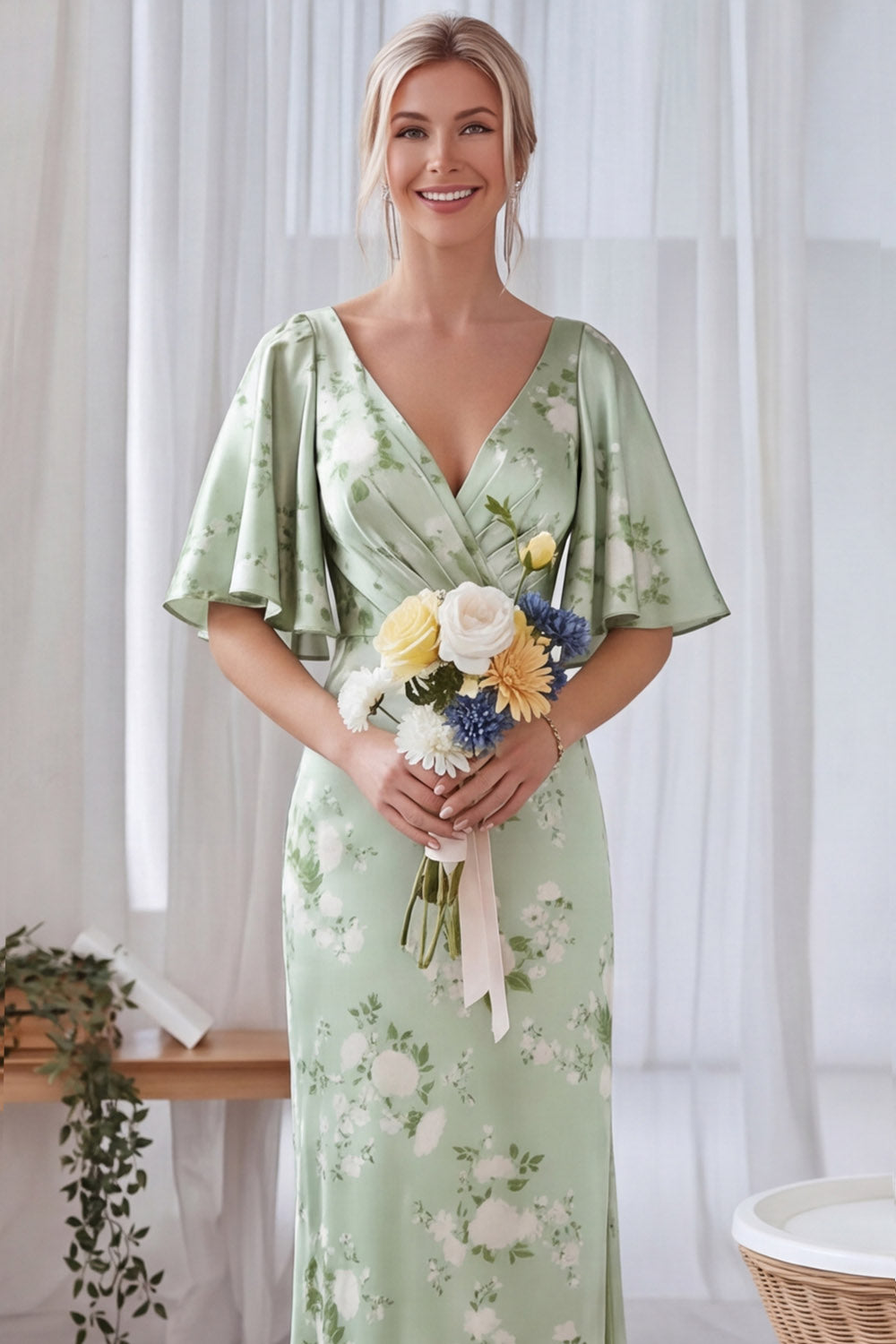 Green Floral Sheath Maxi Ruched Bridesmaid Dress with Sleeves