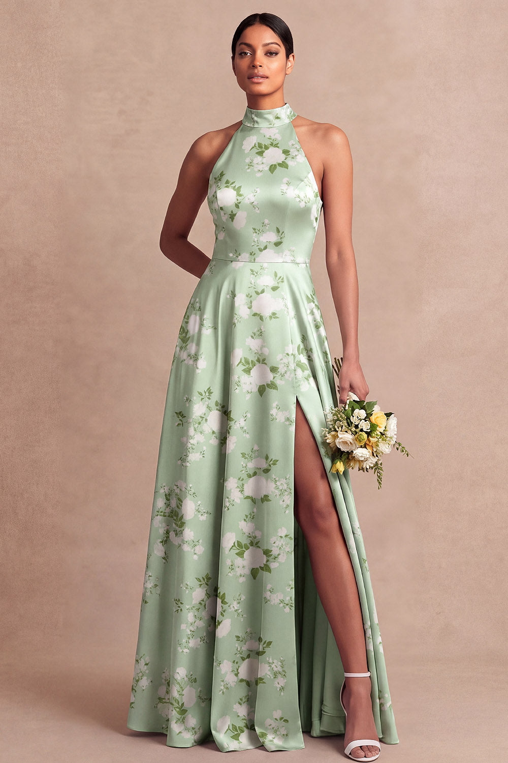 Green Floral Maxi A Line Backless Bridesmaid Dress with Slit