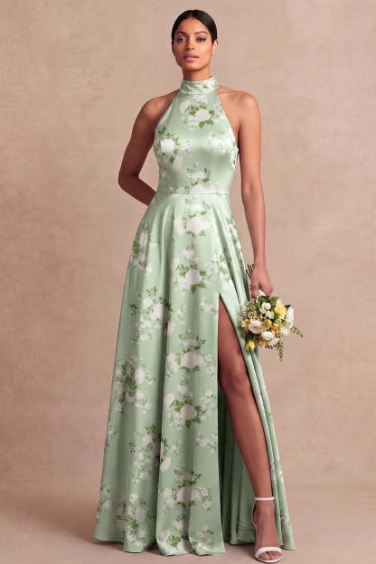 Leely Women Green Floral Maxi Bridesmaid Dress with Slit Halter Backless A Line Wedding Guest Dress