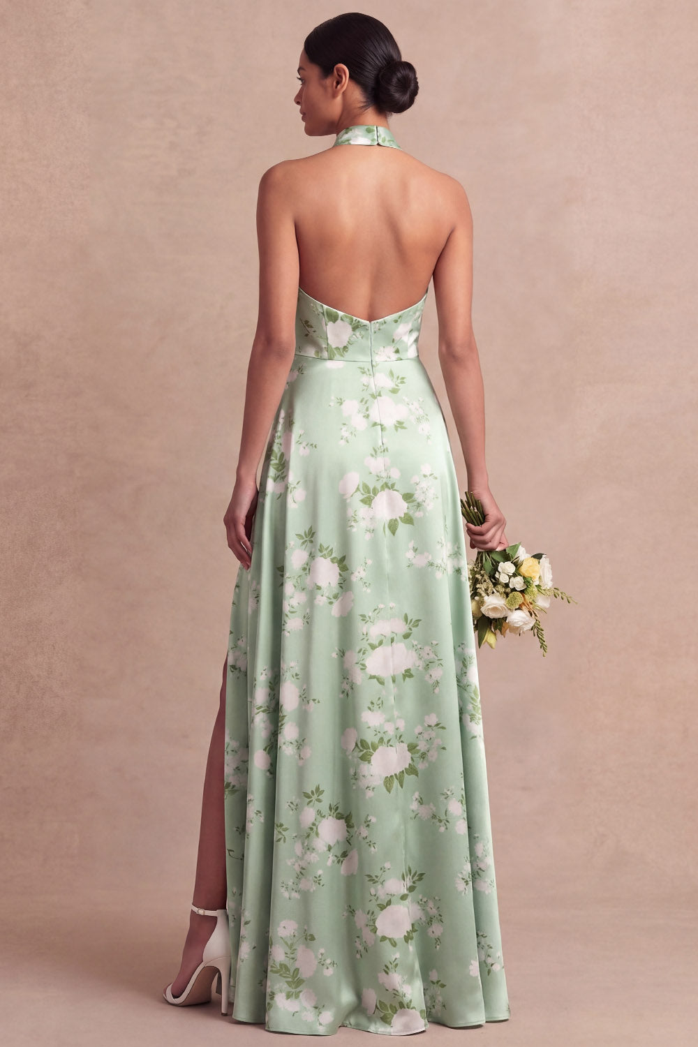 Green Floral Maxi A Line Backless Bridesmaid Dress with Slit