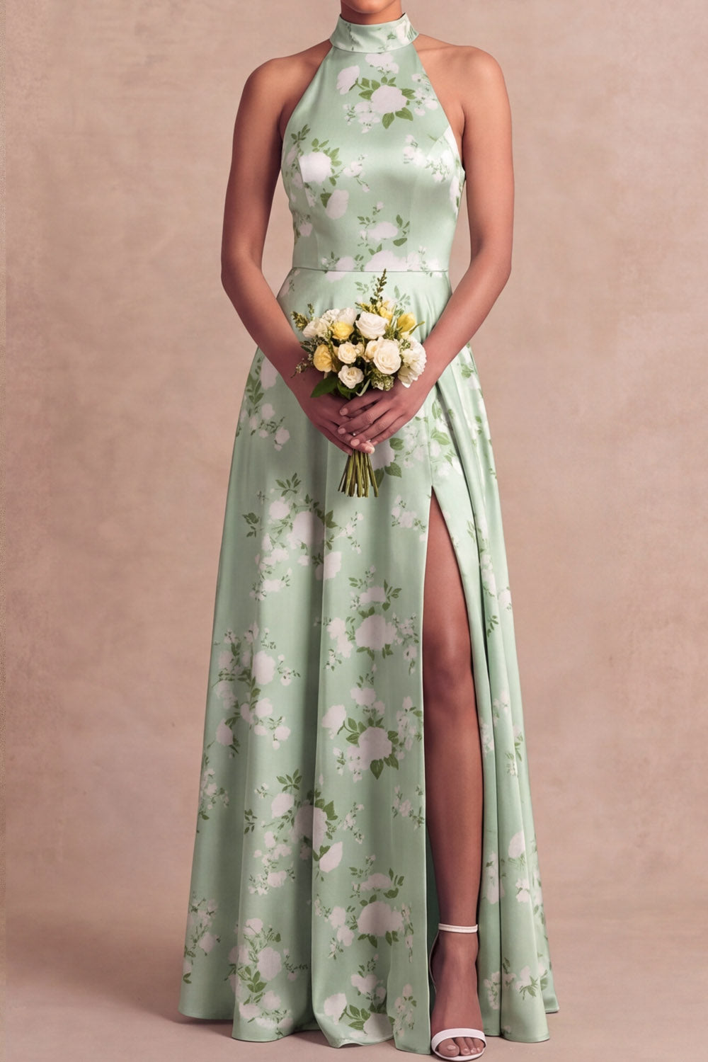 Green Floral Maxi A Line Backless Bridesmaid Dress with Slit