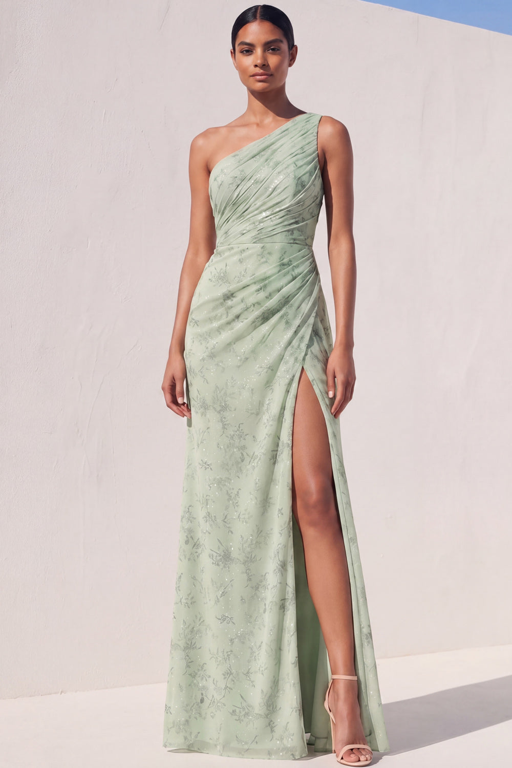 Leely Women Green Ruched Glitter Long Bridesmaid Dress with Slit One Shoulder Backless Sleeveless Garden Party Dress