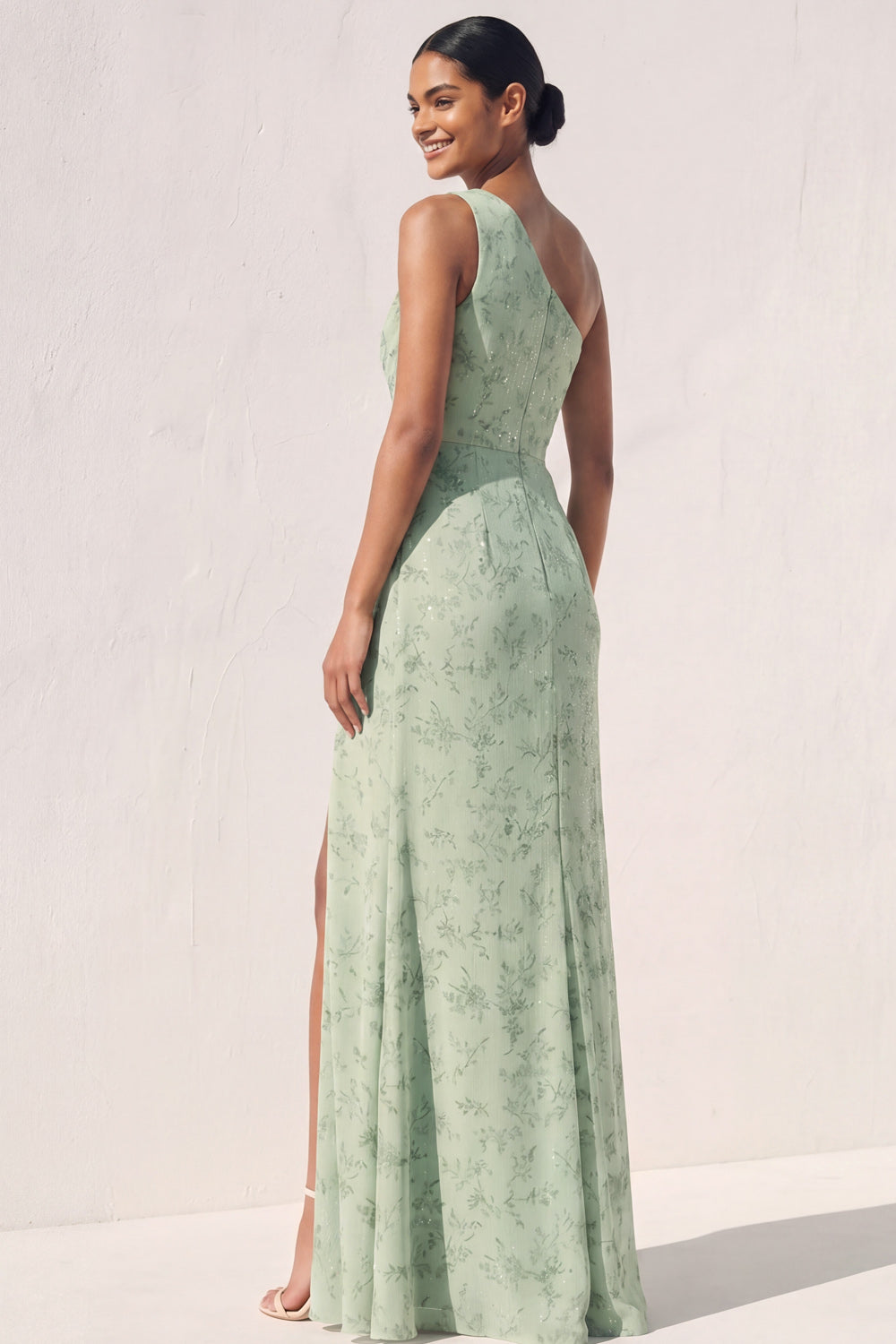 One Shoulder Green Ruched Glitter Long Bridesmaid Dress with Slit