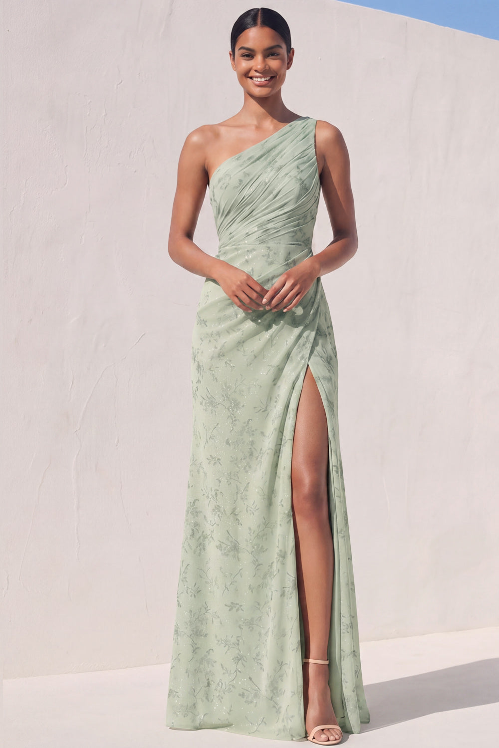One Shoulder Green Ruched Glitter Long Bridesmaid Dress with Slit