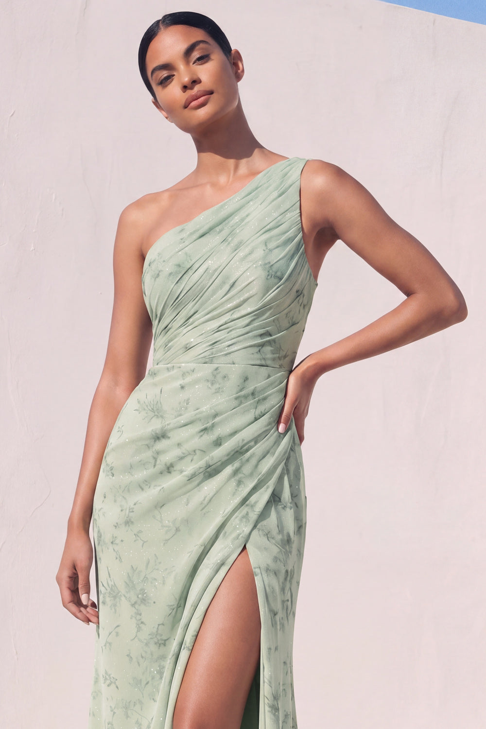 One Shoulder Green Ruched Glitter Long Bridesmaid Dress with Slit