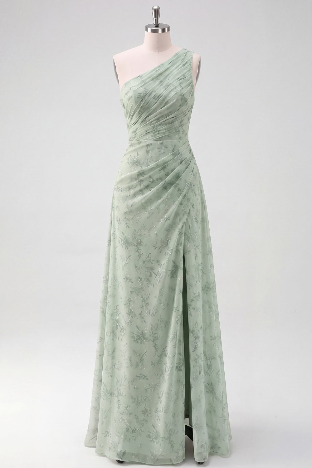 One Shoulder Green Ruched Glitter Long Bridesmaid Dress with Slit