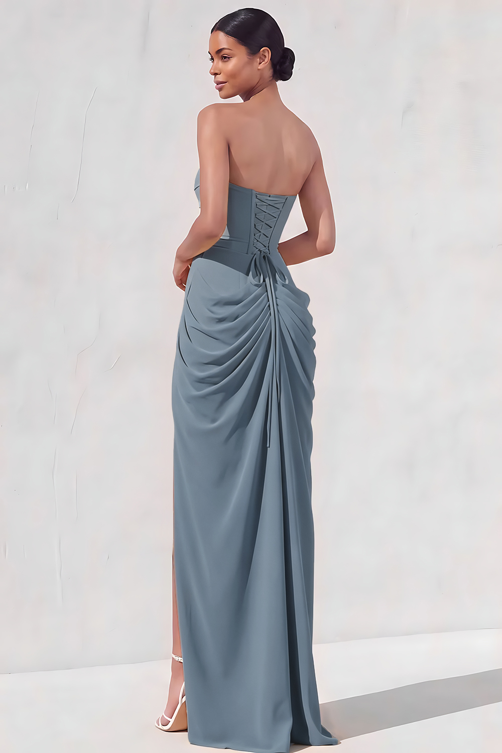 Light Yellow Sheath Long Ruched Lace up Back Wedding Guest Dress with Slit