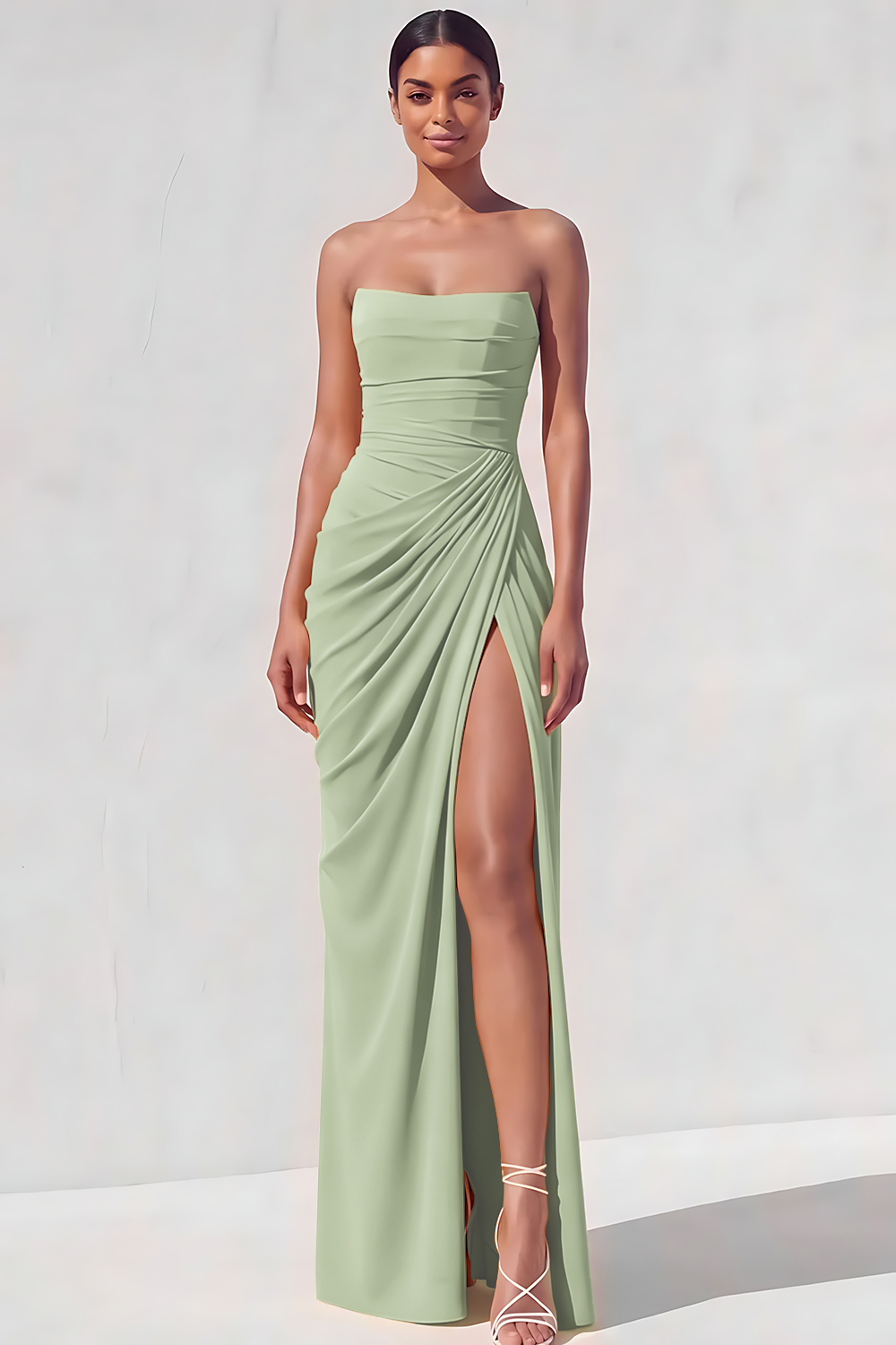 Light Yellow Sheath Long Ruched Lace up Back Wedding Guest Dress with Slit