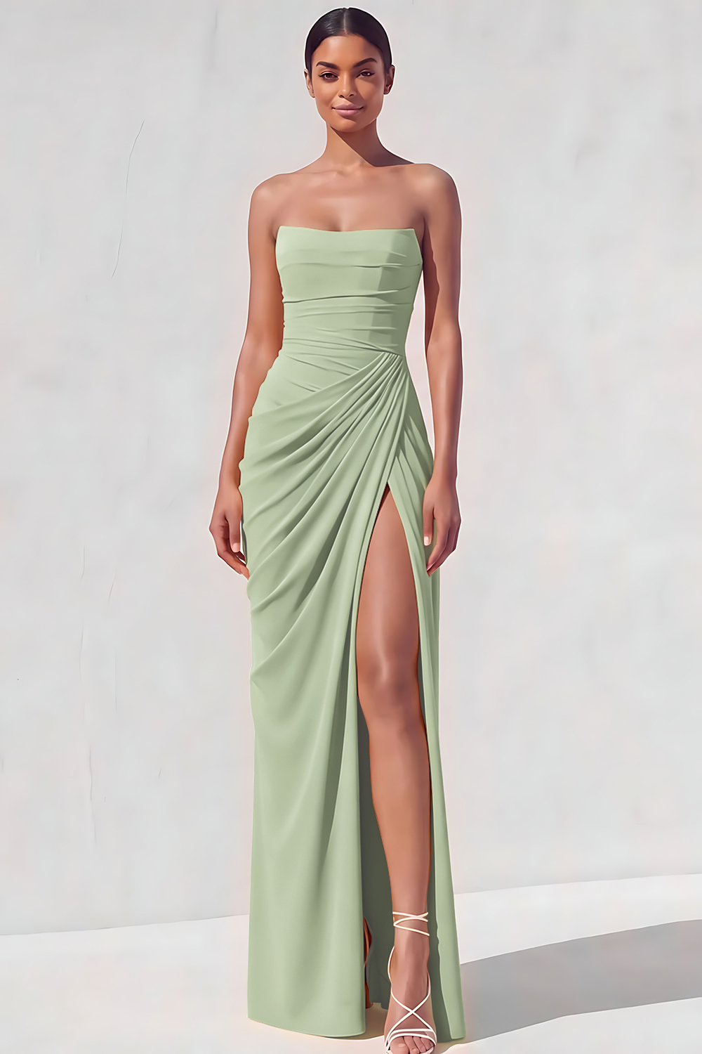 Light Yellow Sheath Long Ruched Lace up Back Wedding Guest Dress with Slit