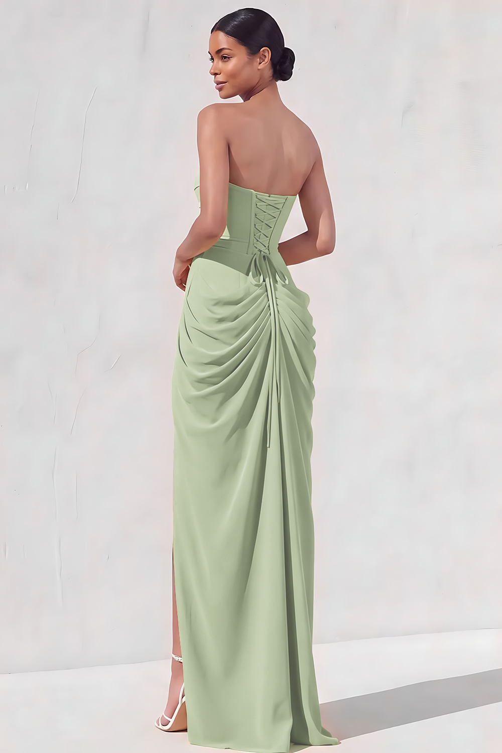 Light Yellow Sheath Long Ruched Lace up Back Wedding Guest Dress with Slit